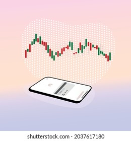 	
 las acciones comerciales de un teléfono móvil con un gráfico gráfico, comprar y vender acciones, analizar el mercado de valores, los inversores obtienen dinero. Ilustración vectorial del concepto de negocio