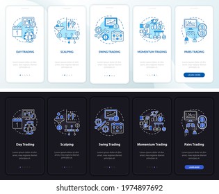 Trade styles onboarding mobile app page screen with concepts. Scalping, momentum type walkthrough 5 steps graphic instructions. UI, UX, GUI vector template with linear night and day mode illustrations