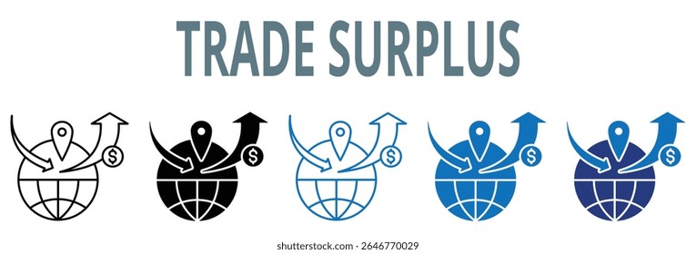 ícone de excedente comercial definido. contém ícone, vetor, ilustração, comércio, saldo, lucros, excedente, exportação, custos, positivo