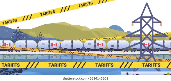 Trade tariffs concept train cargo containers. Canadian flag tankers on tracks with yellow tariff tape pylons mountains water reflection. Banner design