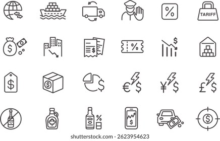 Tarifs commerciaux, ensemble d'icônes de guerre commerciale. Droits de douane américains sur les importations et les exportations. Icône de ligne d'Image vectorielle avec contour modifiable.