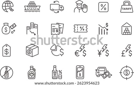 Trade tariffs, trade war icon set. American import and export tariffs. Vector line icon set with editable stroke.