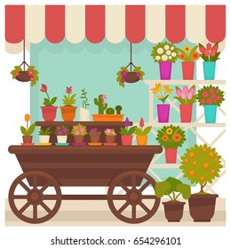 Trade tent with beautiful flowers in pots illustration