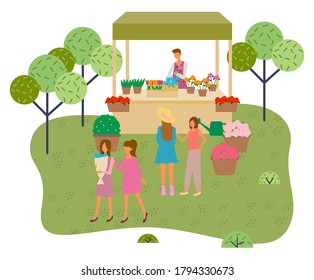 Trade tent with natural flowers in pots illustration. Flowers market stall with female seller. Kiosk with potted flower in city park, flower fair . Women shoppers walking with a bouquet of flowers