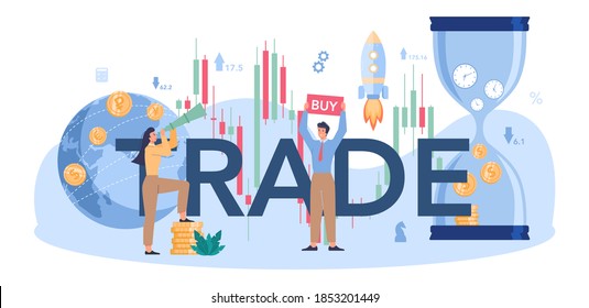 Cabecera tipográfica comercial. Análisis del mercado de valores. Idea de aumento de dinero y acuerdo financiero. Ilustración vectorial en estilo plano