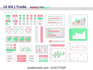 Trade UI elements kit. Business and commerce isolated vector dashboard components. Flat interface buttons template. Web design widget collection for mobile application with light theme