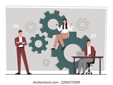 Trade Union Concept. Man And Woman Near Gears. Protection Of Rights And Democracy. Responsible Civil Society, Politics And Law. Corporate Insurance, Business. Cartoon Flat Vector Illustration