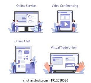 Trade union online service or platform set. Employees care idea. Employees intersets regulation and protection. Online chat, virtual trade union, video conference. Isolated flat vector illustration