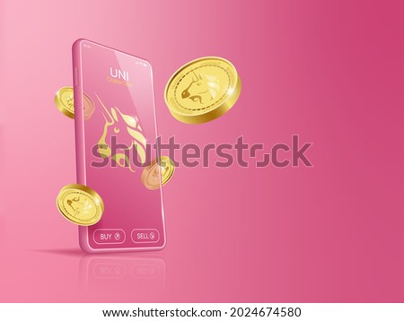Trade Uniswap (UNI) on mobile through the system Cryptocurrency. Perspective Illustration about Crypto Coins.