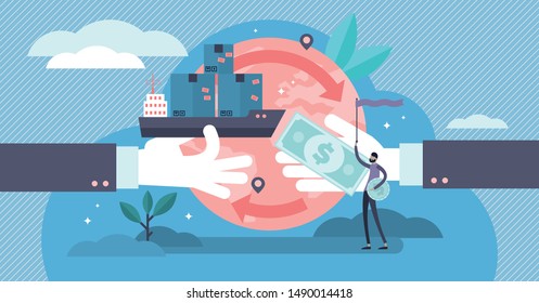 Trade vector illustration. Flat tiny success global financial deals persons concept. Abstract symbolic international economy export market visualization and company partnership cooperation management.