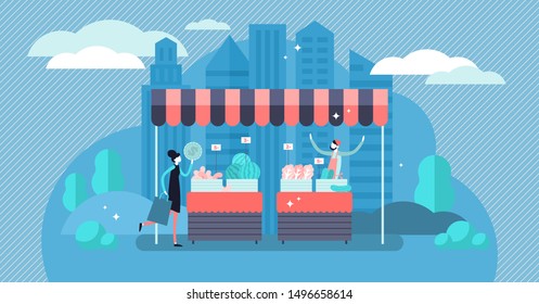 Trade vector illustration. Flat tiny local self employed store persons concept. Niche domestic grocery shop in market tent. Small business with commerce profit and earnings from product sell service.