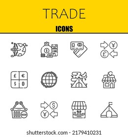 trade vector line icons set. worldwide, money bag and debit card Icons. Thin line design. Modern outline graphic elements, simple stroke symbols stock illustration