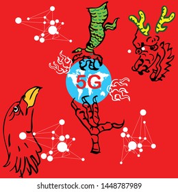 trade war about electronic communication 5g technology between eagle and dragon make global recession and warm