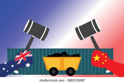 Trade War . Australia Versus China . Australia Versus China Trade War Disputes Concept.of Global Business Concept. Vector Illustration. Hold A Hammer To Break.