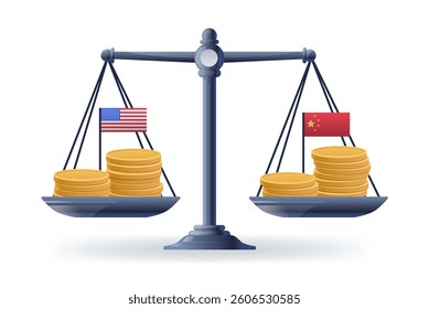 Trade war balance scales economic concept coins on scales with USA and China flags symbolizing tariffs and trade conflict economic illustration