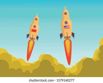 trade war between united state with china vector concept, lunching rocket competition comcept