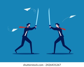 Trade war, business competition. Two businessmen fighting with swords 