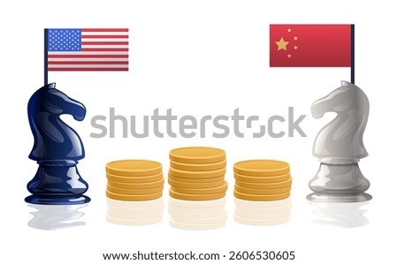 Trade war chess pieces flags coins. Concept of economic conflict depicted by knight chess pieces with country flags and gold coins on reflective surface