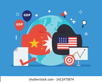 Trade war, China and USA economic war. Tax tariff, price war, and negotiation in tiny people illustration.