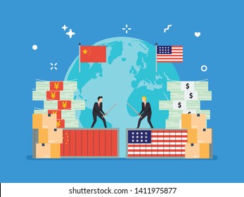 Trade war, China and USA economic war. Tax tariff, price war, and negotiation in tiny people illustration.