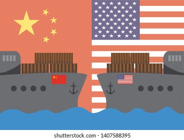 Trade war concept between china and america present by cargo boat on flag background.Vector illustration