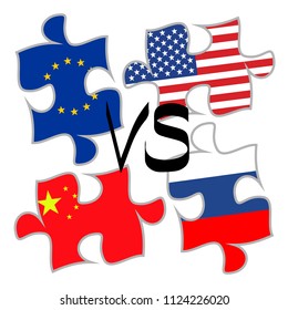 Trade war concept between the United States and China, Russia, the European Union. four disconnected  puzzle elements with USA, Chinese, Russian and EU flags and vs word esp 10 vector illustration.