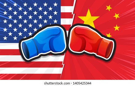 Trade war. Concept of Boxing Gloves Fighting America Versus China. Vector illustration
