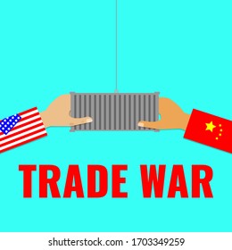 Concepto de guerra comercial. Manos con banderas de Estados Unidos y China sosteniendo un contenedor. Ilustración de material vectorial.