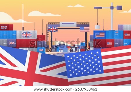 Trade war concept shipping containers port scene with UK and US flags cranes cargo containers sunset background international trade conflict