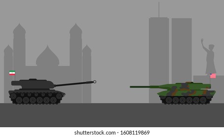 trade war concept. soldier warrior tank united states and iran flag stay face to face and silhouette building background. vector illustration eps10