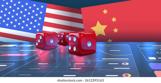 Trade war concept USA China flags dice symbolize tariffs economic tension digital background