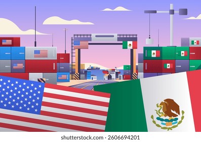 Trade war concept USA Mexico shipping containers flags port scene vibrant colors international trade tensions