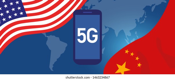 Trade war conflict around 5G network technology illustrated with map and flag between USA and China