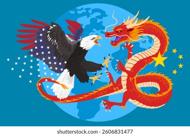 Trade war. Eagle versus Dragon, battle for Earth. Economic opposition between USA and China. Vector illustration.