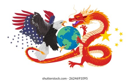 Trade war. Eagle versus Dragon, battle for Earth. Economic opposition between USA and China. Vector illustration.