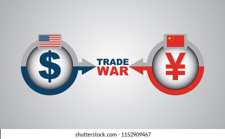 Trade war - economic conflict betwen US and China, with dollar and yuan symbol and flags
