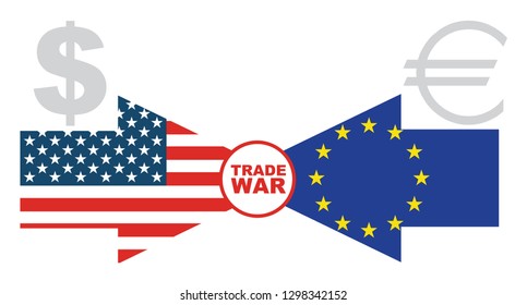 Trade war - economic conflict betwen US and Europa, with dollar and euro symbol and flags