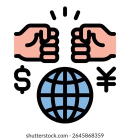 Ilustração do estilo da linha plana do ícone da guerra comercial representando o conflito econômico entre as nações através de tarifas e barreiras comerciais, adequadas para as relações internacionais, a política econômica e o comércio global