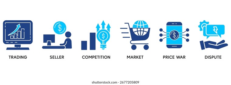 El icono de la guerra comercial establecido en el concepto de Ilustración vectorial plana de estilo azul se relaciona con el comercio, el vendedor, la competencia, el mercado, la guerra de Precios, la disputa