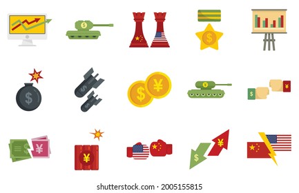 Trade war icons set. Flat set of trade war vector icons isolated on white background