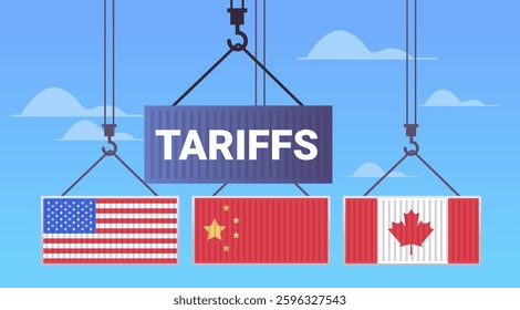 Trade war illustration concept with shipping containers featuring USA China Canada flags against a blue sky backdrop. Ideal for website design or banner