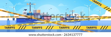Trade war illustration featuring cargo ships with containers and flags surrounded by tariff tape against a blue sky with wind turbines and birds