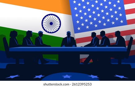 Trade war India USA negotiation concept silhouette figures at table with Indian and American flags in background business meeting theme
