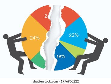 Trade war, market share concept.
Illustration of two male black silhouettes ripping paper pie chart.Concept symbolizing the fight for market share. Isolated on white background.Vector available.