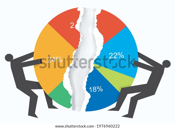 Trade war, market share concept.\
Illustration\
of two male black silhouettes ripping paper pie chart.Concept\
symbolizing the fight for market share. Isolated on white\
background.Vector\
available.