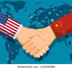Trade war policy between the USA and China. Handshake of two people. Stock vector illustration.