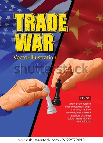 Trade War Poster template design with illustration of flag as a background, two hands and black-white chess.