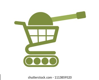 Trade war - Shopping trolley / cart with cannon and green military color as metaphor of trading, commerce, business and economical conflict because of tarriff, duty and tax.