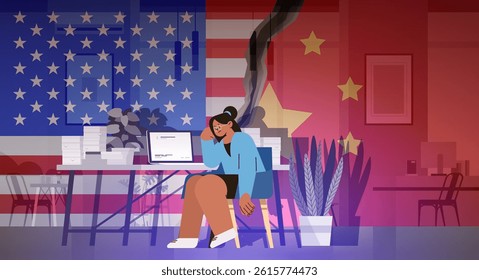 Trade war United States China businesswoman stressed office divided flags smoke workplace conflict economic tariffs war