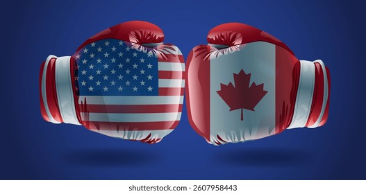 Trade war USA Canada boxing gloves concept flags conflict blue background